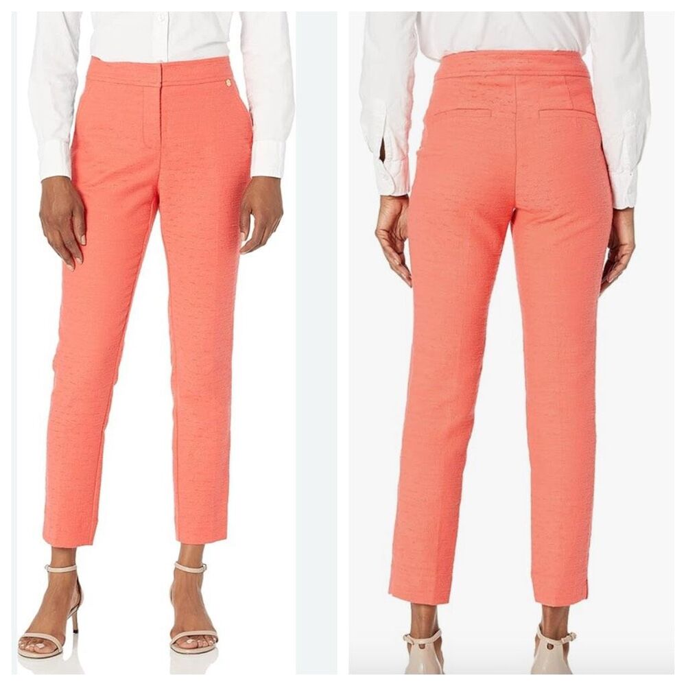 Trina Turk Moss 2 Straight Leg Cropped Pant‎ Ankle Slit Cotton Slub Coral 4